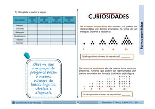 Matemática - 7.º Ano / 2.º BIMESTRE - 2014Matemática - 7.º Ano / 2.º BIMESTRE - 201430
Formasgeométricas
1) Complete o quadro a seguir .
Observe que
um grupo de
polígonos possui
o mesmo
número de
lados, ângulos,
vértices e
diagonais.
Observe que
um grupo de
polígonos possui
o mesmo
número de
lados, ângulos,
vértices e
diagonais.
Os números triangulares são aqueles que podem ser
representados por pontos arrumados na forma de um
triângulo. Observe a sequência:
1 3 6 10 15
Os números quadrados são, da mesma forma como os
anteriores, números que podem ser representados por
pontos arrumados em forma de quadrado. Veja a figura:
1 4 9 16 25
Qual o próximo número da sequência? _______.
Qual o próximo número da sequência? _______.
 