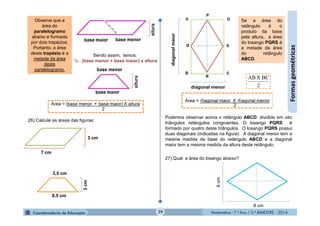 Matemática - 7.º Ano / 2.º BIMESTRE - 2014Matemática - 7.º Ano / 2.º BIMESTRE - 2014
27) Qual a área do losango abaixo?
39
Formasgeométricas
Observe que a
área do
paralelogramo
abaixo é formada
por dois trapézios.
Portanto, a área
deste trapézio é a
metade da área
deste
paralelogramo.
Sendo assim, temos:
½ . (base menor + base maior) x altura
Podemos observar acima o retângulo ABCD dividido em oito
triângulos retângulos congruentes. O losango PQRS é
formado por quatro deste triângulos. O losango PQRS possui
duas diagonais (indicadas na figura). A diagonal menor tem a
mesma medida da base do retângulo ABCD e a diagonal
maior tem a mesma medida da altura deste retângulo.
Se a área do
retângulo é o
produto da base
pela altura, a área
do losango PQRS é
a metade da área
do retângulo
ABCD.
2
BCXAB
6cm
8 cm
26) Calcule as áreas das figuras:
7 cm
3 cm
3,5 cm
3cm
8,5 cm
diagonalmaior
diagonal menor
d d
 