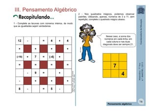 Matemática-7.ºAno
4.ºBIMESTRE/2013
16
Pensamento algébrico
2 - Nos quadrados mágicos, podemos observar
padrões. Utilizando, apenas, números de 3 a 11, sem
repetição, complete o quadrado mágico abaixo.
Nesse caso, a soma dos
números em cada linha, em
cada coluna e nas duas
diagonais deve ser sempre 21.
7
4
Recapitulando...
1 - Complete as lacunas com números inteiros, de modo
que as igualdades sejam verdadeiras.
Álgebra:pensar,calcular,comunicar
LúciaTinoco–UFRJ/IM,2008
MULTIRIO
 