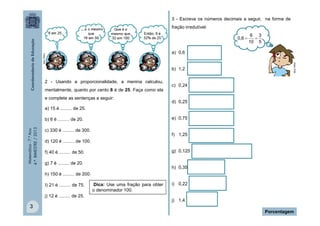 Matemática-7.ºAno
4.ºBIMESTRE/2013
3
Porcentagem
2 - Usando a proporcionalidade, a menina calculou,
mentalmente, quanto por cento 8 é de 25. Faça como ela
e complete as sentenças a seguir:
a) 15 é ......... de 25.
b) 6 é ......... de 20.
c) 330 é ......... de 300.
d) 120 é ......... de 100.
f) 40 é ......... de 50.
g) 7 é ......... de 20.
h) 150 é ......... de 200.
I) 21 é ......... de 75.
j) 12 é ......... de 25.
3 - Escreva os números decimais a seguir, na forma de
fração irredutível:
a) 0,6
b) 1,2
c) 0,24
d) 0,25
e) 0,75
f) 1,25
g) 0,125
h) 0,35
i) 0,22
j) 1,4
5
3
10
6
0,6 
MULTIRIO
Dica: Use uma fração para obter
o denominador 100.
MULTIRIO
 