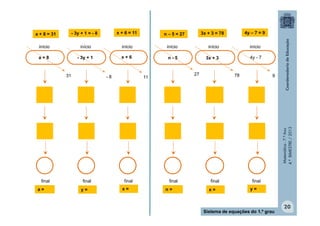 - 3y + 1 = - 8

x + 6 = 11

início

início

início

a+8

- 3y + 1

x+6

a + 8 = 31

31

-8

3x + 3 = 78

4y – 7 = 9

início

início

início

n-5

3x + 3

4y - 7

n – 5 = 27

27

78

9

Matemática - 7.º Ano
4.º BIMESTRE / 2013

11

final
a=

final
y=

final
x=

final
n=

final
x=

final
y=

Sistema de equações do 1.º grau

20

 