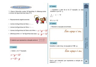 2.º passo

Método da substituição

→ Substituir o valor de x na 2.ª equação, ou seja,
substituir x por 52 - y.

1 - Clara e Vilma têm, juntas, 52 figurinhas. A diferença entre
o número de figurinhas das duas é 12.
http://goo.gl/2QaG0F

x  y  12



• Representando algebricamente:
• número de figurinhas de Clara → .......

52  y

52 - y - y  12
3.º passo
→ Resolver a equação encontrada.

• número de figurinhas de Vilma → .......

• diferença entre o n.º de figurinhas das duas →

O sistema que representa a situação acima é

x  y  52
x  y  12 .


4.º passo
1.º passo
→ Isolar x, na 1.ª equação.

Substituir o valor de y, na equação x = 52 – y.

Matemática - 7.º Ano
4.º BIMESTRE / 2013

Esse espaço é seu.

• número de figurinhas de Clara e de Vilma →

Esse espaço é seu.
Qual o par ordenado que representa a solução do
sistema? ( ...., ....).

30

 