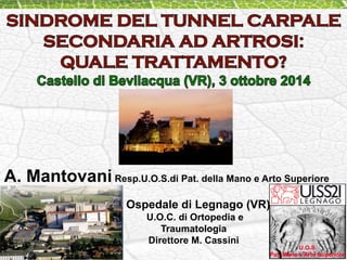 A. Mantovani Resp.U.O.S.di Pat. della Mano e Arto Superiore 
Ospedale di Legnago (VR) 
U.O.C. di Ortopedia e 
Traumatologia 
Direttore M. Cassini 
 