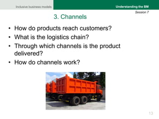 Inclusive business models
13
Understanding the BM
Session 7
3. Channels
• How do products reach customers?
• What is the logistics chain?
• Through which channels is the product
delivered?
• How do channels work?
 