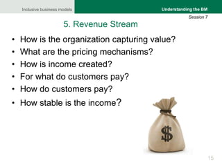 Inclusive business models
15
Understanding the BM
Session 7
5. Revenue Stream
• How is the organization capturing value?
• What are the pricing mechanisms?
• How is income created?
• For what do customers pay?
• How do customers pay?
• How stable is the income?
 