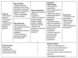 Partners
- Who are the
partners?
- Who are the
suppliers?
- What are the
activities the
partners
perform?
Key activities
- What are the key
activities for the value
proposition (production,
processing, marketing,
logistics, quality)?
- Who is responsible
for the activities?
Value proposition
- What is the product
offered to
customers?
- Why do customers
buy the product
(quality, reliable
supply, available
resources, price)?
- What is the
problem or need that
the product
satisfies?
Customer
relationships
- How does the
organization
communicate with its
customers?
- What is the type of
relationship with the
customers?
Customers
- For whom is the
organization
creating value?
- Who are the
customers?
- Who is paying for
the product?
Key resources
- What are the key
resources for the value
proposition?
- Are the key resources
available?
- How are the key
resources allocated
and distributed?
Channels
- How do products
reach the customer?
- What are the tools
to get products from
producers to
customers?
- Is there more than
one way to get
products from
producers to
customers?
Cost structure
-Fixed costs
-Variable costs
-Economies of scale
-Economies of scope
Revenue steam
- What is the selling price?
- How is the price determined?
- How do customers pay?
- How long does it take to receive the
payment?
- How stable is the income?
 
