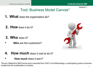 Inclusive business models
5
Understanding the BM
Session 7
Tool: Business Model Canvas*
1. What does the organization do?
2. How does it do it?
3. Who does it?
• Who are the customers?
4. How much does it cost to do it?
• How much does it earn?
*Source: Material for BM Canvas tool is extracted from CIAT’s Link Methodology: a participatory guide to business
models that link smallholders to markets.
 