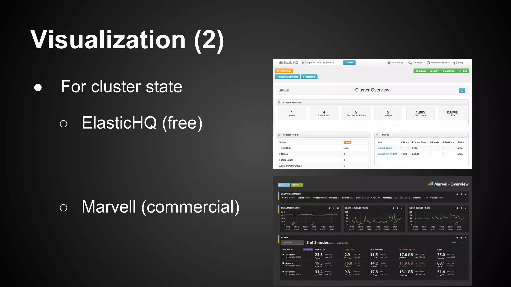 Visualization (2)
● For cluster state
○ ElasticHQ (free)
○ Marvell (commercial)
 