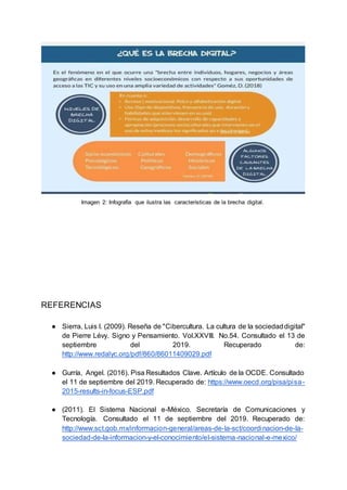 Imagen 2: Infografía que ilustra las características de la brecha digital.
REFERENCIAS
● Sierra, Luis I. (2009). Reseña de "Cibercultura. La cultura de la sociedaddigital"
de Pierre Lévy. Signo y Pensamiento. Vol.XXVIII. No.54. Consultado el 13 de
septiembre del 2019. Recuperado de:
http://www.redalyc.org/pdf/860/86011409029.pdf
● Gurría, Angel. (2016). Pisa Resultados Clave. Artículo de la OCDE. Consultado
el 11 de septiembre del 2019. Recuperado de: https://www.oecd.org/pisa/pisa-
2015-results-in-focus-ESP.pdf
● (2011). El Sistema Nacional e-México. Secretaría de Comunicaciones y
Tecnología. Consultado el 11 de septiembre del 2019. Recuperado de:
http://www.sct.gob.mx/informacion-general/areas-de-la-sct/coordinacion-de-la-
sociedad-de-la-informacion-y-el-conocimiento/el-sistema-nacional-e-mexico/
 