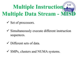 Multiple Instruction,
Multiple Data Stream - MISD
✓ Set of processors.
✓ Simultaneously execute different instruction
sequences.
✓ Different sets of data.
✓ SMPs, clusters and NUMA systems.
 
