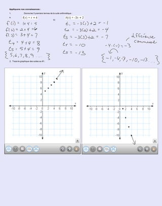 Appliquons nos connaissances :1. Donne les 5 premiers termes de la suite arithmétique :a. b) 2. Trace le graphique des suites au #1.