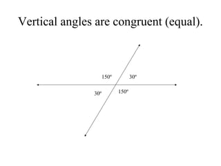 Vertical angles are congruent (equal).
30º150º
150º30º
 