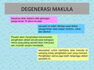 DEGENERASI MAKULA 
biasanya akan dialami oleh golongan 
warga emas 70 tahun ke atas 
penyakit ini boleh dihidapi awal akibat 
pengambilan ubat-ubatan tertentu, rokok 
dan alkohol 
Pesakit akan menghadapi kemerosotan 
penglihatan akibat sel-sel pada bahagian 
retina yang paling sensitif akan menyusut 
dan musnah secara mendadak. 
kesusahan untuk membaca atau menulis di 
samping tahap penglihatan jauh yang merosot. 
Penglihatan warna juga boleh terganggu akibat 
penyakit ini. 
 
