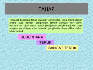 TAHAP 
Terdapat beberapa tahap masalah penglihatan yang membezakan 
antara buta dengan penglihatan terhad ataupun low vision 
berdasarkan ujian visual acuity (ketajaman penglihatan) dan juga 
adaptasi pendidikan khas. Masalah penglihatan dapat dilihat dalam 
tahap berikut: 
SEDERHANA 
TERUK 
SANGAT TERUK 
 