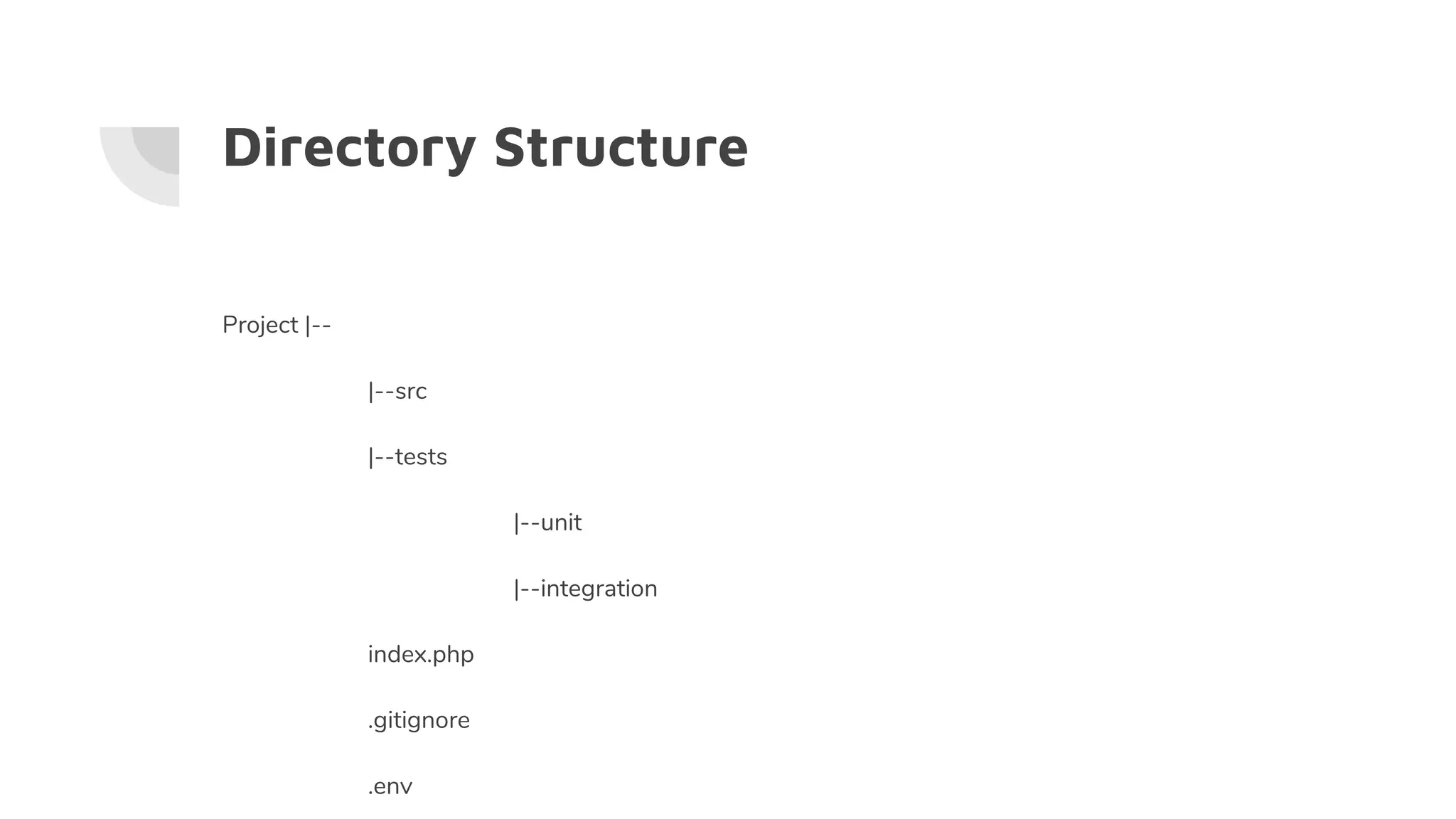 Directory Structure
Project |--
|--src
|--tests
|--unit
|--integration
index.php
.gitignore
.env
 