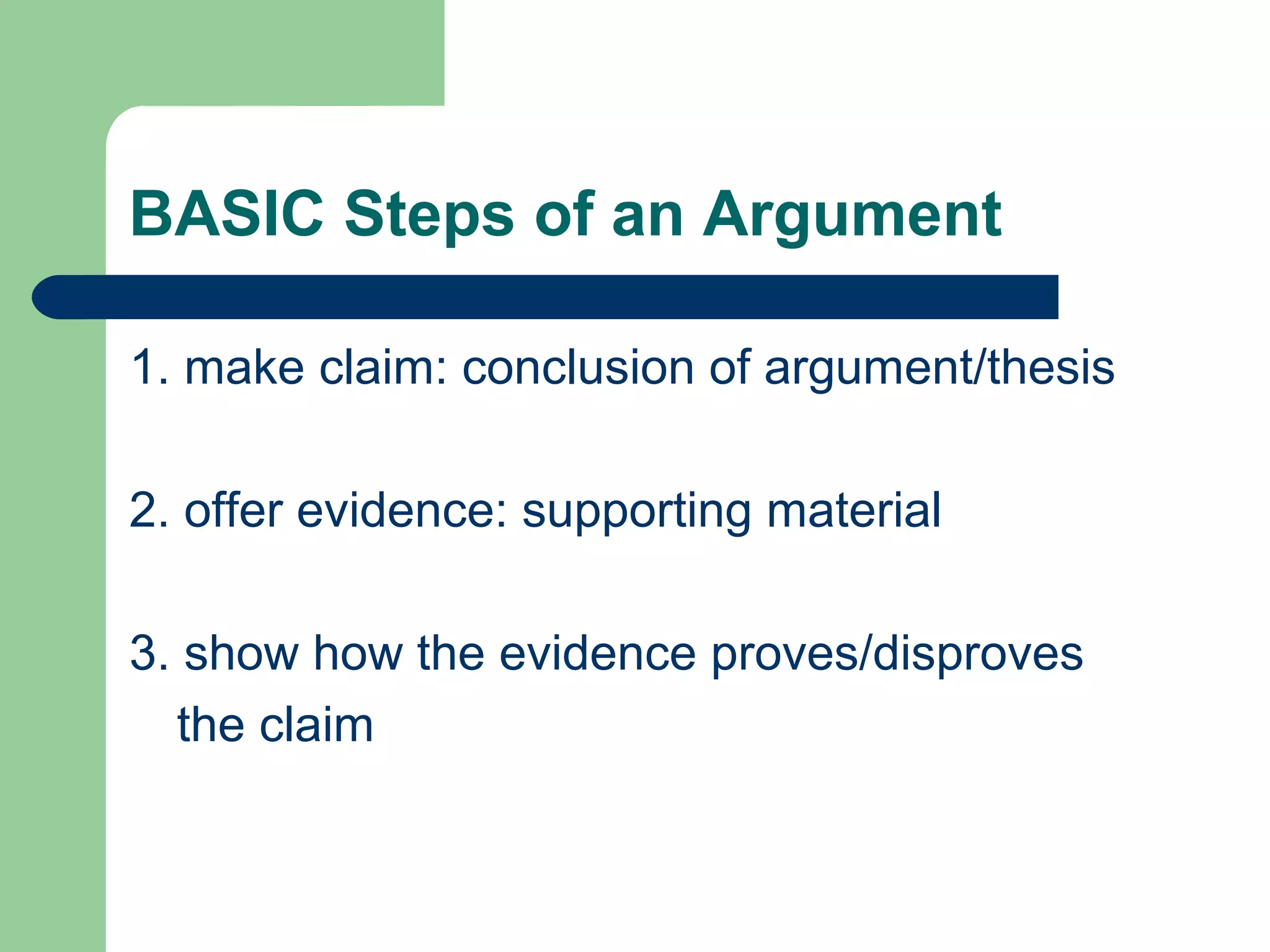 BASIC Steps of an Argument

1. make claim: conclusion of argument/thesis

2. offer evidence: supporting material

3. show how the evidence proves/disproves
  the claim
 