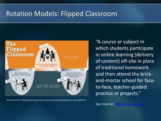 Rotation Models: Flipped Classroom
Retrieved from: https://learningsciences.utexas.edu/teaching/flipping-a-class/different
“A course or subject in
which students participate
in online learning (delivery
of content) off-site in place
of traditional homework
and then attend the brick-
and-mortar school for face-
to-face, teacher-guided
practice or projects.”
See more at: Christensen Institute
 