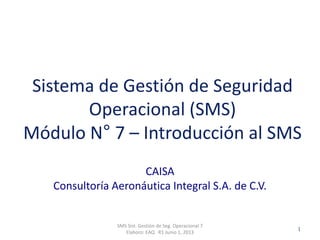 Clasificación: SGC
RO 1-JUN-2012
CAISA
Consultoría Aeronáutica Integral S.A. de C.V.
SMS Sist. Gestión de Seg. Operacional 7
Elaboro: EAQ R1 Junio 1, 2013
1
Sistema de Gestión de Seguridad
Operacional (SMS)
Módulo N° 7 – Introducción al SMS
 