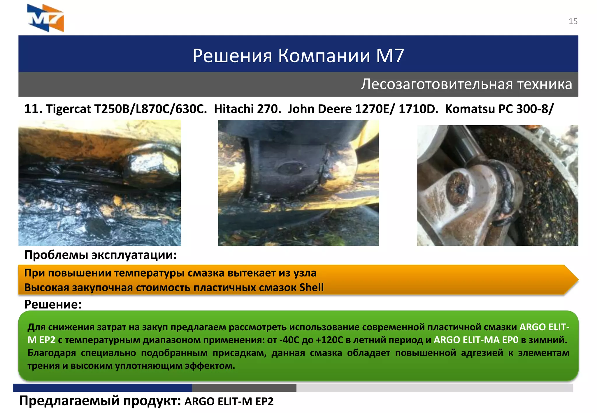 Решения Компании М7
Лесозаготовительная техника
15
11. Tigercat T250B/L870C/630C. Hitachi 270. John Deere 1270E/ 1710D. Komatsu PC 300-8/
PC220
Проблемы эксплуатации:
Решение:
При повышении температуры смазка вытекает из узла
Высокая закупочная стоимость пластичных смазок Shell
Для снижения затрат на закуп предлагаем рассмотреть использование современной пластичной смазки ARGO ELIT-
M EP2 с температурным диапазоном применения: от -40C до +120С в летний период и ARGO ELIT-MА EP0 в зимний.
Благодаря специально подобранным присадкам, данная смазка обладает повышенной адгезией к элементам
трения и высоким уплотняющим эффектом.
Предлагаемый продукт: ARGO ELIT-M EP2
 