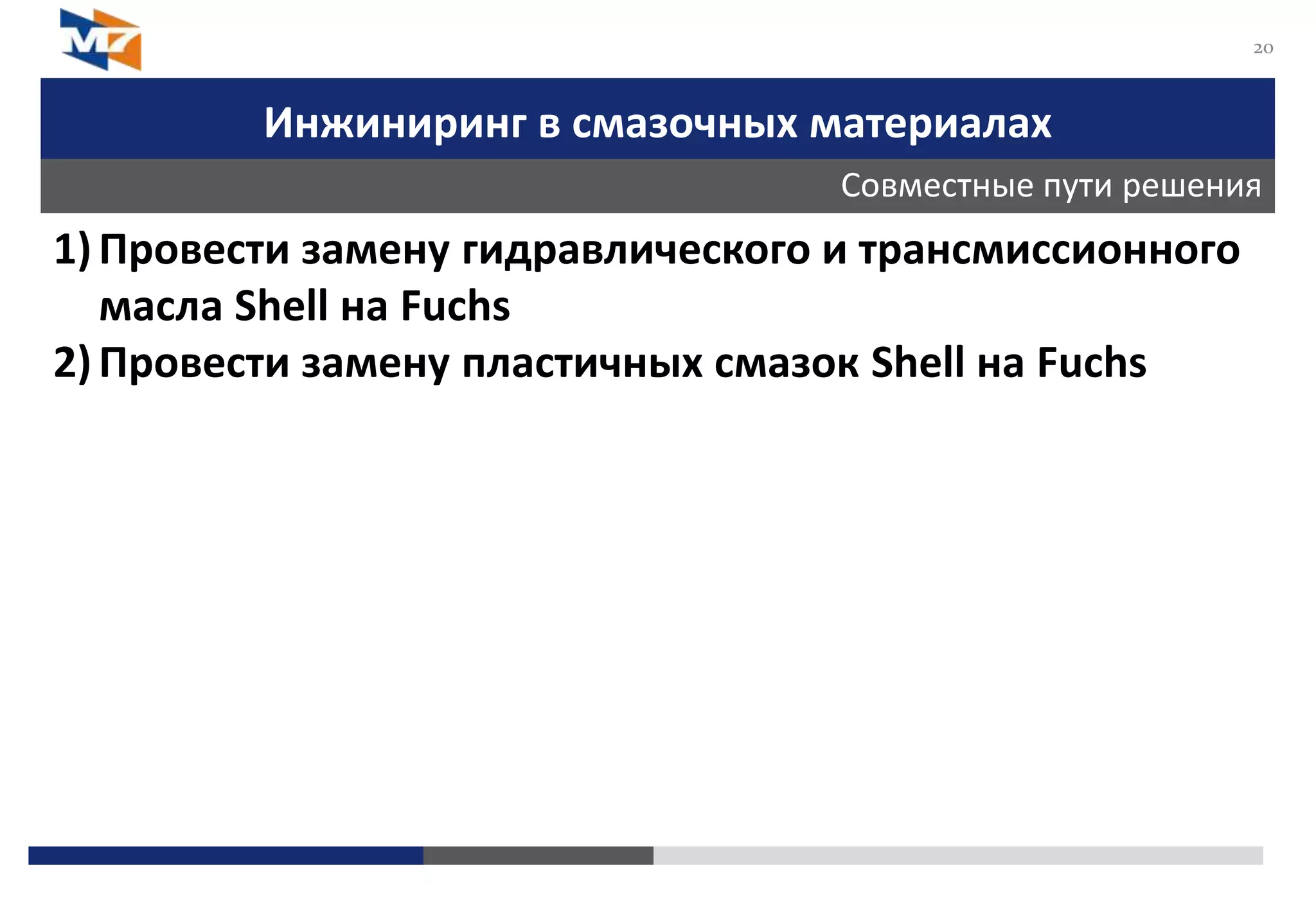 Инжиниринг в смазочных материалах
Совместные пути решения
20
1)Провести замену гидравлического и трансмиссионного
масла Shell на Fuchs
2)Провести замену пластичных смазок Shell на Fuchs
 