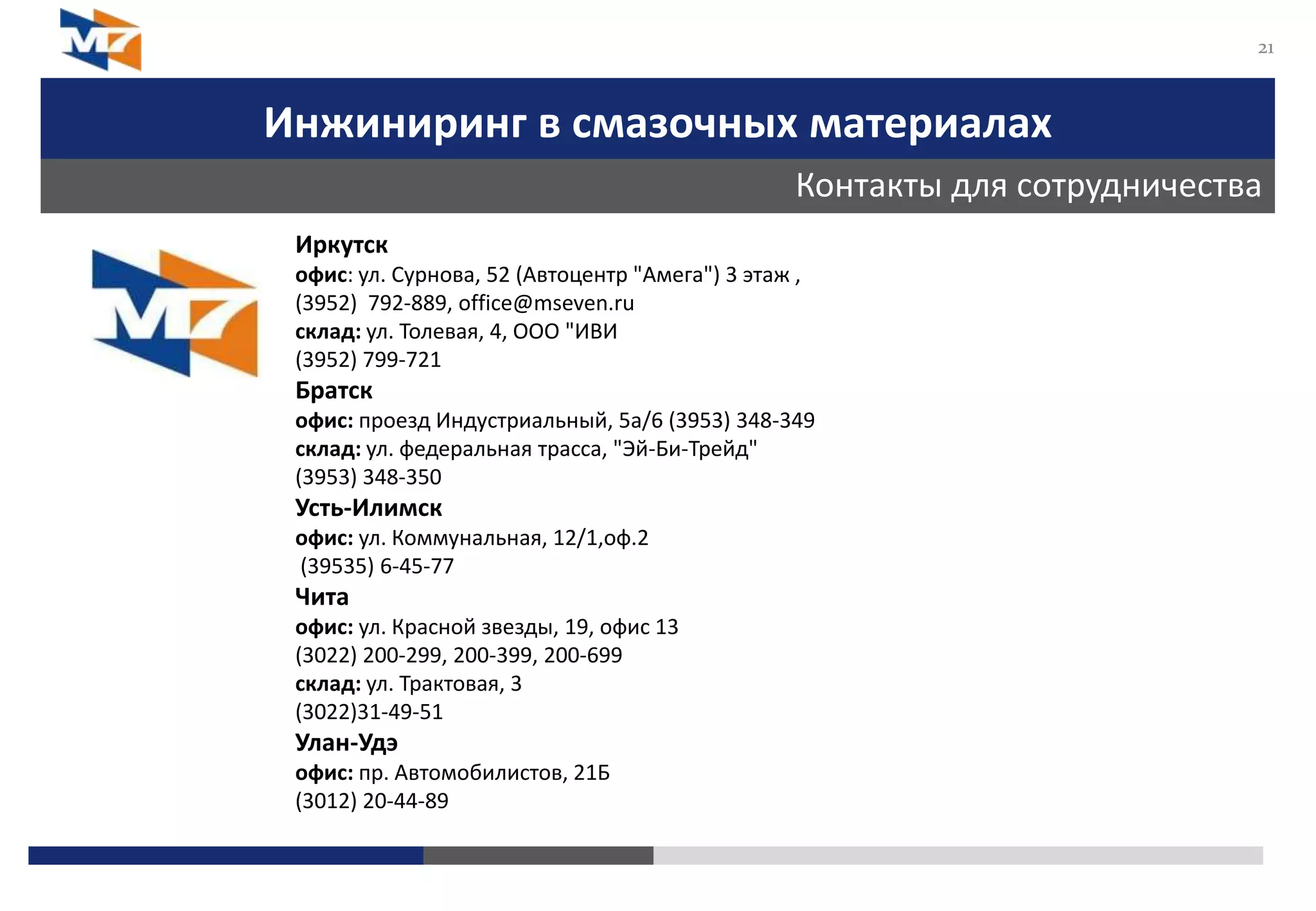 Инжиниринг в смазочных материалах
Контакты для сотрудничества
21
Иркутск
офис: ул. Сурнова, 52 (Автоцентр "Амега") 3 этаж ,
(3952) 792-889, office@mseven.ru
склад: ул. Толевая, 4, ООО "ИВИ
(3952) 799-721
Братск
офис: проезд Индустриальный, 5а/6 (3953) 348-349
склад: ул. федеральная трасса, "Эй-Би-Трейд"
(3953) 348-350
Усть-Илимск
офис: ул. Коммунальная, 12/1,оф.2
(39535) 6-45-77
Чита
офис: ул. Красной звезды, 19, офис 13
(3022) 200-299, 200-399, 200-699
склад: ул. Трактовая, 3
(3022)31-49-51
Улан-Удэ
офис: пр. Автомобилистов, 21Б
(3012) 20-44-89
 