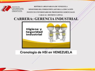 L
L
REPÚBLICA BOLIVARIANA DE VENEZUELA
MINISTERIO DEL PODER POPULAR PARA LA EDUCACIÓN
INSTITUTO UNIVERSITARIO DE PROFESIONES GERENCIALES
CARACAS - DISTRITO CAPITAL
CARRERA: GERENCIA INDUSTRIAL
Cronología de HSI en VENEZUELA
 
