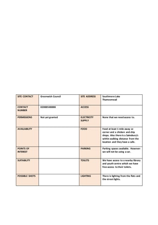 SITE CONTACT Greenwich Council SITE ADDRESS Southmere Lake
Thamesmead
CONTACT
NUMBER
02088548888 ACCESS
PERMISSIONS Not yet granted ELECTRICITY
SUPPLY
None that we need access to.
AVAILABILITY FOOD Food at least 1 mile away or
corner and a chicken and chip
shops. Also there is a Sainsbury’s
within walking distance from the
location and they have a cafe.
POINTS OF
INTEREST
PARKING Parking spaces available. However
we will not be using a car.
SUITABILITY TOILETS We have access to a nearby library
and youth centre which we have
free access to their toilets.
POSSIBLE SHOTS LIGHTING There is lighting from the flats and
the street lights.