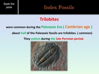 Seek the
peak Index Fossils
Trilobites
were common during the Paleozoic Era ( Cambrian age )
about half of the Paleozoic fossils are trilobites. ( common)
They extinct during the late Permian period.
 