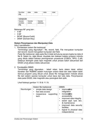 Analisa dan Perancangan Sistem 15
Number date data data total
PK
VENDOR
Vendor
number
Vendor
name
Vendor
address
PK
Beberapa NF yang lain :
• 4 NF
• 5 NF
• BCNF (Boyce-Codd)
• DKNF (Domain-Key)
Sistem Penyimpanan dan Manipulasi Data
Ada 2 pendekatan :
1. Pendekatan sistem file tradisional
Terminologi yang digunakan : file, record, field. File merupakan kumpulan
dari record; record merupakan kumpulan dari field.
Pada file tradisional, data pada file A tidak terhubung secara logika ke data di
file B. Selain itu, data dibuat, diupdate dan diakses melalui program individu
yang ditulis dalam bahasa pemrograman prosedural (COBOL, RPG, C,dll).
Datanya disimpan pada tape magnetik untuk proses batch sekuensial dan
DASD untuk akses indeks sekuensial.
2. Pendekatan DBMS
Terminologi yang digunakan : tabel/ relasi, baris dalam tabel, atribut.
Karakter dari RDBMS adalah hubungan antara tabel dan data dalam tabel.
Semua program yang dibuat untuk akses file menggunakan metode akses
file dari sistem operasi komputer untuk baca dan tulis data. Penyimpanan
data pada DASD, disk magnetik atau perangkat disk optik.
Lihat fotokopi gambar 11.18 & 11.19.
Sistem file tradisional DBMS
Keuntungan • simple data design
• fast data access
• inexpensive supporting
tech.
• improveddata
integration
• increaseddata
accessibility
• improved data integrity
• easier appl. syst. dev.
& maintenance
• improved data security
facilities
• logical & physical data
independence
This
file
w
as
generated
w
ith
the
dem
o
version
ofthe
PD
F
C
om
patible
PrinterD
river
 