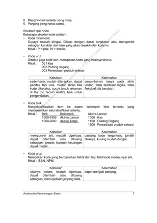 Analisa dan Perancangan Sistem 7
8. Menghindari karakter yang mirip
9. Panjang yang harus sama.
Struktur/ tipe Kode
Beberapa struktur kode adalah :
• Kode mnemonic
Supaya mudah diingat. Dibuat dengan dasar singkatan atau mengambil
sebagian karakter dari item yang akan diwakili oleh kode ini.
Misal : P = pria; W = wanita.
• Kode urut
Disebut juga kode seri, merupakan kode yang nilainya terurut.
Misal : 001 Kas
002 Piutang dagang
003 Persediaan produk selesai
Kebaikan Kelemahan
sederhana, mudah diterapkan, dapat
pendek tapi unik, mudah dicari bila
kode diketahui, cocok untuk rekaman
di file (no record relatif), baik untuk
pengendalian.
penambahan hanya pada akhir
urutan, tidak berdasar logika, tidak
fleksibel bila berubah.
• Kode blok
Mengklasifikasikan item ke dalam kelompok blok tertentu yang
mencerminkan satu klasifikasi tertentu.
Misal : Blok Kelompok Aktiva Lancar
1000-1999 Aktiva Lancar 1000 Kas
1000-2000 Aktiva Tetap 1100 Piutang Dagang
1200 Persediaan produk selesai
Kebaikan Kelemahan
mempunyai arti, mudah diperluas,
dapat ditambah atau dibuang
sebagian, proses laporan keuangan
dapat mudah.
panjang kode tergantung jumlah
bloknya, kurang mudah diingat.
• Kode grup
Merupakan kode yang berdasarkan field2 dan tiap field kode mempunyai arti.
Misal : ISBN, NPM.
Kebaikan Kelemahan
nilainya berarti, mudah diperluas,
dapat ditambah atau dibuang
sebagian, menunjukkan jenjang data.
dapat menjadi panjang.
This
file
w
as
generated
w
ith
the
dem
o
version
ofthe
PD
F
C
om
patible
PrinterD
river
 