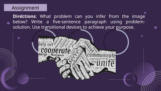Directions: What problem can you infer from the image
below? Write a five-sentence paragraph using problem-
solution. Use transitional devices to achieve your purpose.
Assignment
 