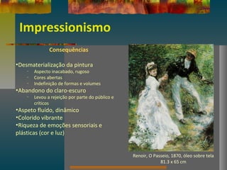 Impressionismo
Consequências
•Desmaterialização da pintura
– Aspecto inacabado, rugoso
– Cores abertas
– Indefinição de formas e volumes
•Abandono do claro-escuro
– Levou a rejeição por parte do público e
críticos
•Aspeto fluído, dinâmico
•Colorido vibrante
•Riqueza de emoções sensoriais e
plásticas (cor e luz)
Renoir, O Passeio, 1870, óleo sobre tela
81.3 x 65 cm
 