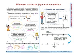 Matemática - 8.º Ano / 2.º BIMESTRE - 2014
Como localizar,
aproximadamente, na
reta, números como:
0,261 e 1,427?
5
Conjuntoℚ–NúmerosRacionais
Como vimos anteriormente, todo número racional pode ser
representado na sua forma decimal. Como existe uma relação
de ordem em ℚ, podemos localizar o número racional na reta
real.
Por exemplo, o número -3 está entre -2 e -1, pois -3 = -1,5
2 2
-5 também está entre -2 e -1, pois -5 = -1,25
4 4
7 está entre 0 e 1, pois 7 = 0,777... 0,8
9 9
-3 = -1,5
2
-5 = -1,25
4
MULTIRIO
Aproximadamente
MULTIRIO
Se o algarismo a ser eliminado for
maior ou igual a cinco,
acrescentamos uma unidade ao
primeiro algarismo que está
situado à sua esquerda.
1,427 1,43
1,430,26
7 0,8
9
Analisando de outra forma...
MULTIRIO
Vamos localizar, na
reta numérica, a
seguinte fração: 7 .
3
Porém, antes,
devemos
entender o seguinte
desenvolvimento:
Perceba que 7 é igual a dois inteiros, mais 1 .
3 3
Então, basta dividir o segmento entre 2 e 3 em 3 partes
iguais e tomarmos uma parte. Observe a construção.
Se o algarismo a ser
eliminado for menor que
cinco, devemos manter
inalterado o algarismo da
esquerda.
0,261 0,26
 