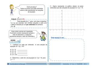 . 
Matemática - 8.º Ano / 4.º BIMESTRE - 2014 
MULTIRIO 
Você percebeu? 
Todos os pontos que estão alinhados 
sobre a reta representam as soluções 
da equação. 
Toda equação de 1.° grau, com duas incógnitas, 
x e y, por exemplo, tem infinitas soluções e cada uma 
delas é indicada por um par ordenado de números: 
(x , y). 
Essa ordem precisa ser respeitada. 
O primeiro número representa sempre o 
valor da abscissa x; o segundo, 
representa sempre o valor da ordenada y. 
AGORA, 
É COM VOCÊ!!! 
1 – Verifique se cada par ordenado é uma solução da 
equação 3x + 2y = 16? 
a) (2 , 5) _____________ 
b) (4 , 2) _____________ 
c) (5 , 2) _____________ 
d) (3 ; 3,5) _____________ 
2 – Determine o valor de x da equação 3x + 2y = 16, para 
y = - 1. 
_______________________________________________ 
3 – Agora, represente, no gráfico, abaixo, os pares 
ordenados que são soluções da equação 3x + 2y = 16. 
6 
 