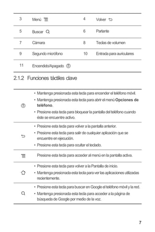 7
2.1.2 Funciones táctiles clave
3 Menú 4 Volver
5 Buscar 6 Parlante
7 Cámara 8 Teclas de volumen
9 Segundo micrófono 10 Entrada para auriculares
11 Encendido/Apagado
•• Mantenga presionada esta tecla para encender el teléfono móvil.
•• Mantengapresionada esta tecla para abrir elmenú Opciones de
teléfono.
•• Presione esta tecla para bloquear la pantalla del teléfono cuando
éste se encuentre activo.
•• Presione esta tecla para volver a la pantalla anterior.
•• Presione esta tecla para salir de cualquier aplicación que se
encuentre en ejecución.
•• Presione esta tecla para ocultar el teclado.
Presione esta tecla para acceder al menú en la pantalla activa.
•• Presione esta tecla para volver a la Pantalla de inicio.
•• Mantengapresionadaestateclaparaverlasaplicacionesutilizadas
recientemente.
•• Presioneestatecla parabuscaren Googleel teléfono móvil yla red.
•• Mantenga presionada esta tecla para acceder a la página de
búsqueda de Google por medio de la voz.
 