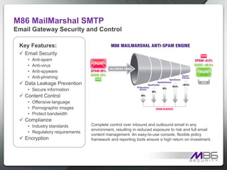 M86 Secure Web GatewayUnified Web Security Award-winning, best-in-breed, multi-layered, on-site and cloud-based Web security. Patented, active real-time code analysis of inbound and outbound communication, keeping malware out of networks and laptops, while retaining sensitive/confidential data.