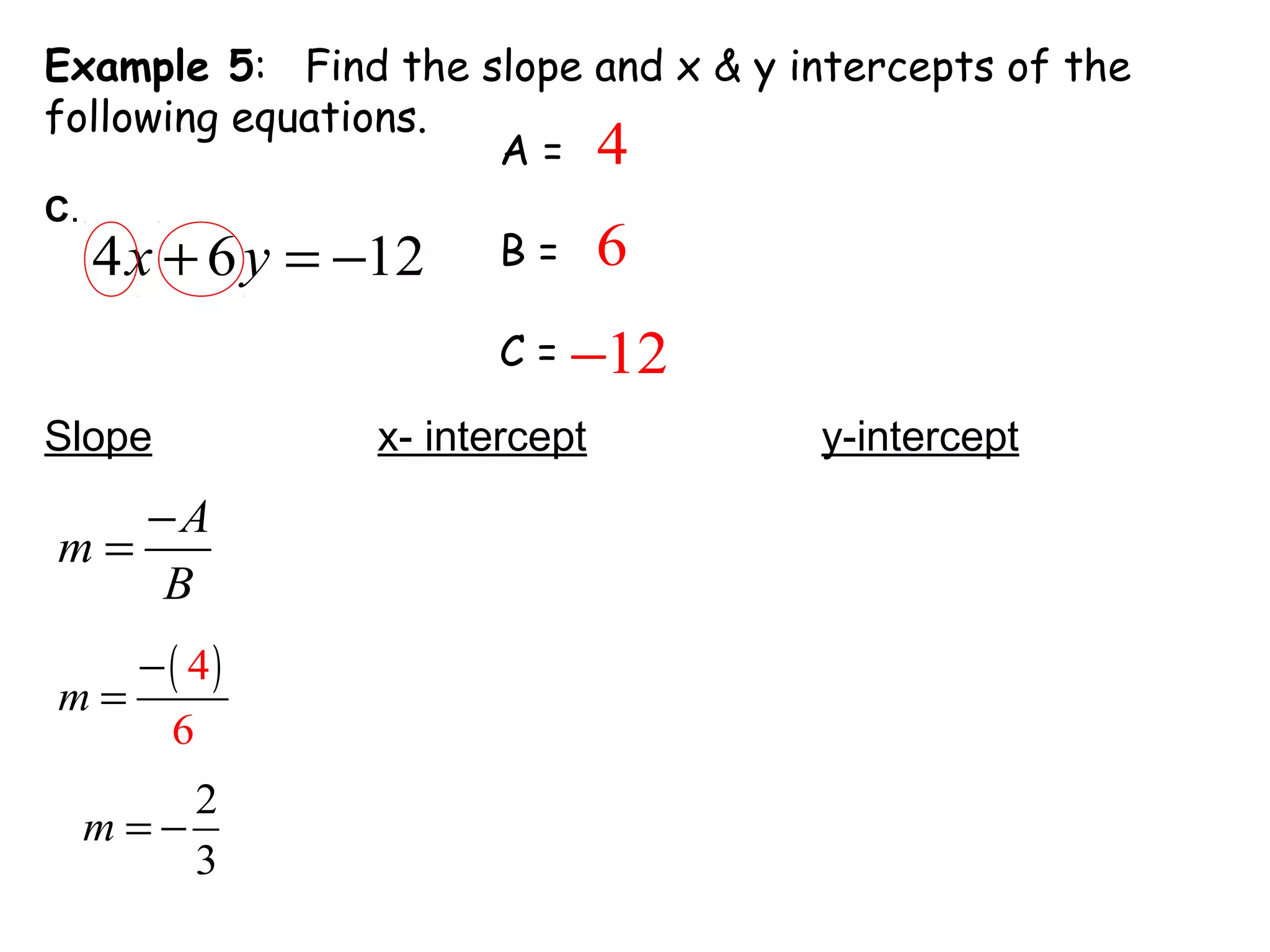 4 6 12x y+ = −
Example 5: Find the slope and x & y intercepts of the
following equations.
C.
A =
B =
C =
4
6
12−
Slope x- intercept y-intercept
A
m
B
−
=
( )4
6
m
−
=
2
3
m = −
 
