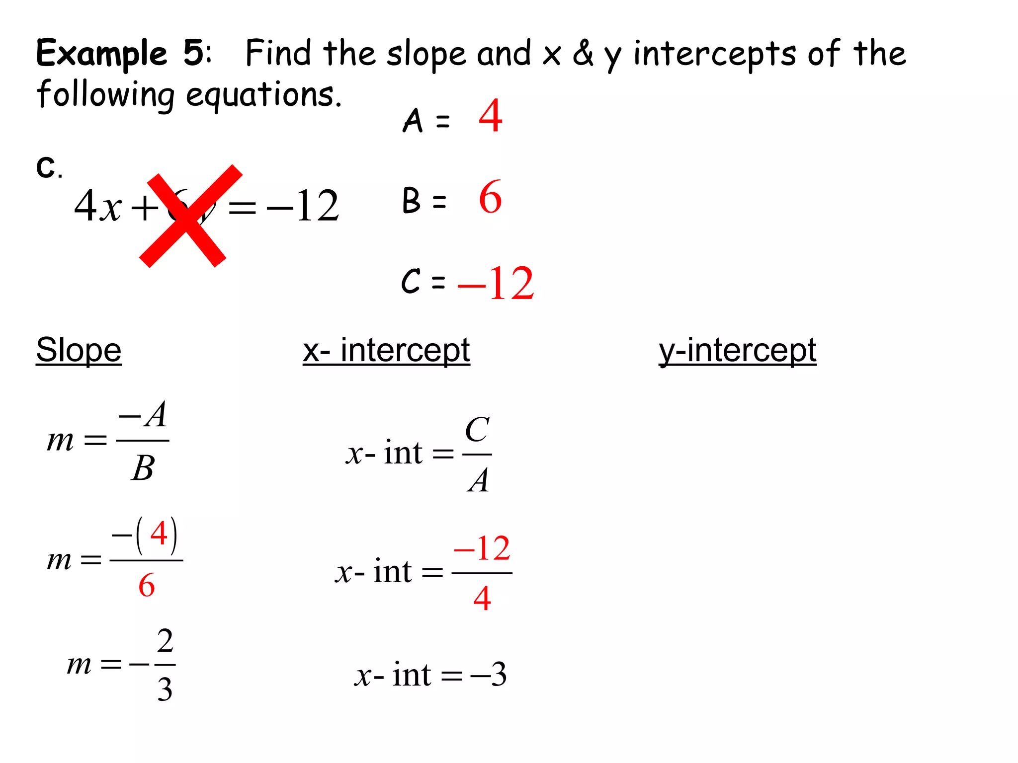 4 6 12x y+ = −
Example 5: Find the slope and x & y intercepts of the
following equations.
C.
A =
B =
C =
4
6
12−
Slope x- intercept y-intercept
A
m
B
−
=
( )4
6
m
−
=
2
3
m = −
- int
C
x
A
=
2
- int
1
4
x =
−
- int 3x = −
 
