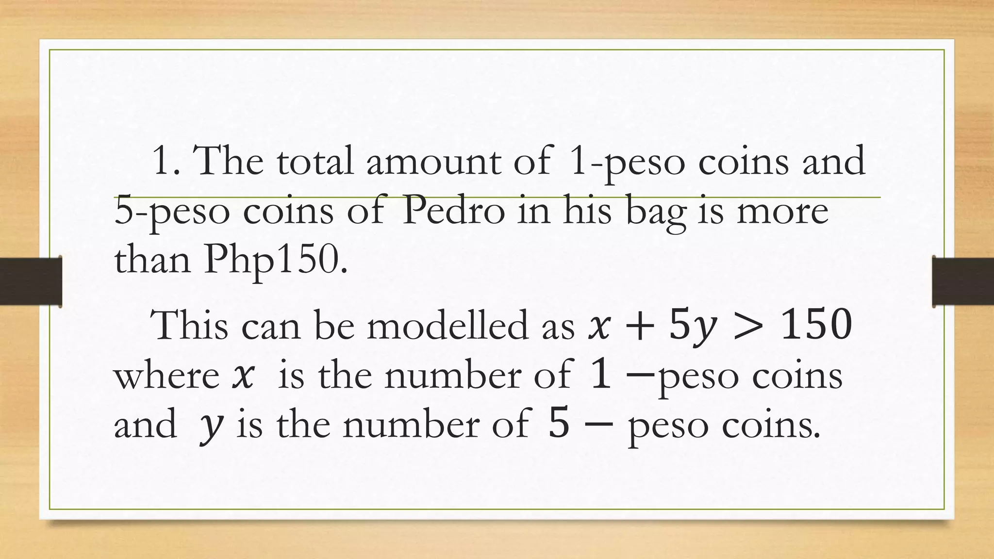 Solving problems involving linear inequalities in two variables | PPT