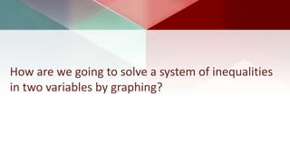 How are we going to solve a system of inequalities
in two variables by graphing?
 
