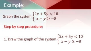 Graph the system
2𝑥 + 5𝑦 < 10
𝑥 − 𝑦 ≥ −8
Example:
1. Draw the graph of the system
2𝑥 + 5𝑦 < 10
𝑥 − 𝑦 ≥ −8
Step by step procedure:
 