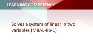LEARNING COMPETENCY
Solves a system of linear in two
variables (M8AL-IIb-1)
 