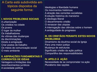 Ideologias e liberdade humana
Os movimentos históricos
A atração das correntes socialistas
Evolução histórica do marxismo
A ideologia liberal
O discernimento cristão
O renascer das utopias
A interrogação das ciências sobre o homem
A ambiguidade do progresso
III. OS CRISTÃOS PERANTE ESTES NOVOS
PROBLEMAS
Dinamismo da doutrina social da Igreja
Para uma maior justiça
Mudança de estruturas
Significado cristão da ação política
Compartilha das responsabilidades
IV. APELO À AÇÃO
Necessidade de se comprometer na ação
Pluralismo das opções
A Carta está subdividida em
tópicos dispostos da
seguinte forma:
I. NOVOS PROBLEMAS SOCIAIS
A urbanização
Os cristãos na cidade
Os jovens
O lugar da mulher
Os trabalhadores
As vítimas das mudanças
As discriminações
Direito à emigração
Criar postos de trabalho
Os meios de comunicação social
O meio ambiente
II. ASPIRAÇÕES FUNDAMENTAIS E
CORRENTES DE IDÉIAS
Vantagens e limitações dos
reconhecimentos jurídicos
A sociedade política
 