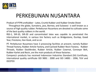 PERKEBUNAN NUSANTARA 
Product of PTPN areRubber - Latex, Crumb Rubber and Rubber Smoke Sheet 
Throughout the globe, Sumatera, java, Borneo, and Sulawesi is well known as a 
source of high quality rubber. Perkebunan Nusantara are devoted to cultivate some 
of the best quality rubbers in the world. 
RSS-1, SIR-10, SIR-20 and concentrated latex was capable to penetrated the 
international market, in various tire factory such as Bridgestone, Dunlop, Good 
Year, Firestone, Han Kook, and so on 
PT. Perkebunan Nusantara have 3 processing facilities at present, namely Rubber 
Thread Factory, Rubber Article Factory, and Cyclized Rubber Resin Factory. Rubber 
Threads, Rubber Dockfender, Rubber Article, Rubber Cowmat, Conveyor Belt, 
Rubber Karlet and Resin, are the main products of these factories. 
Company's products has received Indonesian Industries Standard (SII) Certificate, 
international quality certificate ISO 9001 : 2000 and ISO 14001 : 1996, TUV and 
OCOTEX 
 
