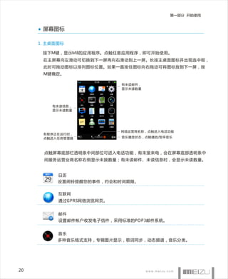 第一部分 开始使用


      屏幕图标

     1. 主桌面图标

      按下M键，显示M8的应用程序。点触任意应用程序，即可开始使用。
      在主屏幕向左滑动可切换到下一屏再向右滑动到上一屏。 长按主桌面图标并出现选中框，
      此时可拖动图标以排列图标位置。如果一直按住图标向右拖动可将图标放到下一屏，按
      M键确定。

                           有未读邮件，
                           显示未读数量




         有未读信息，
         显示未读数量




                           网络运营商名称，点触进入电话功能
      有程序正在运行时，
      点触进入任务管理器            音乐播放状态，点触播放/暂停音乐




      点触屏幕底部栏透明条中间部位可进入电话功能，有未接来电，会在屏幕底部透明条中
      间服务运营业商名称右侧显示未接数量；有未读邮件、未读信息时，会显示未读数量。


           日历
           设置闹铃提醒您的事件，约会和时间期限。


           互联网
           通过GPRS网络浏览网页。


           邮件
           设置邮件帐户收发电子信件，采用标准的POP3邮件系统。


           音乐
           多种音乐格式支持，专辑图片显示，歌词同步，动态频谱，音乐分类。




20
 