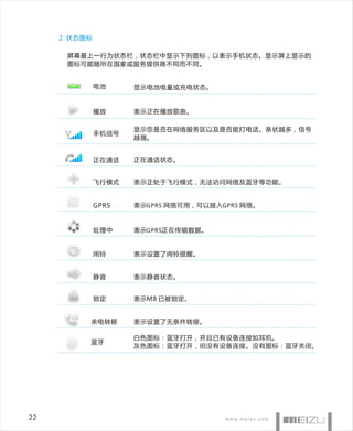 2. 状态图标

      屏幕最上一行为状态栏，状态栏中显示下列图标，以表示手机状态。显示屏上显示的
      图标可能随所在国家或服务提供商不同而不同。


               电池     显示电池电量或充电状态。


               播放     表示正在播放歌曲。

                      显示您是否在网络服务区以及是否能打电话。条状越多，信号
               手机信号
                      越强。


               正在通话   正在通话状态。


               飞行模式   表示正处于飞行模式，无法访问网络及蓝牙等功能。


               GPRS   表示GPRS 网络可用，可以接入GPRS 网络。


               处理中    表示GPRS正在传输数据。


               闹铃     表示设置了闹铃提醒。


               静音     表示静音状态。


               锁定     表示M8 已被锁定。


           来电转移       表示设置了无条件转接。

                      白色图标：蓝牙打开，并且已有设备连接如耳机。
           蓝牙
                      灰色图标：蓝牙打开，但没有设备连接。没有图标：蓝牙关闭。




22
 