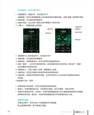正在通话中，您可以操作如下：

     • 点触键盘    , 键盘打开，状态显示为
      点触键盘，您可以使用键盘输入自动语音系统所需的信息。点触 "键盘" 返回操作界面。
     1. 点触免提，可以通过扬声器接听；
     2. 点触记号码，可以记录下通讯过程中需要记下来的号码。
     3. 点触   ，可删除误输入的号码。
                                             标题或时间
                              通话图标           电量指示
               许霆霆                   许霆霆     通话方名称
                00:30      通话时间      00:30




                                             通话头像




     • 点触更多   , 更多选项打开，状态显示为
     1. 点触免提，可以通过扬声器接听；
     2. 点触保持，如果网络支持，您可以把现在的通话保持住；
     3. 点触“静音”。对方听不到您的声音，但您仍能听到对方的声音。再次按下“静音”，
      对方将重新听到您的声音；
     4. 点触联系人，可进入联系人列表，查看联系人信息；
     5. 点触添加，可把正在通话中的电话号码添加到电话簿；
     6. 点触录音，将通话过程录制为音频，从文档中的Recorder目录中找到相应音频文
      件回放；
     • 结束通话 点击“结束”。


     • 如果您通过耳机接听，您可以轻按线控按钮来接听。
     • 通话中，轻按M键回到主页，可使用其它程序。如打开便笺，浏览文件等。
     • 如果您不能应答来电， 待机时，未接来电的数量会显示在主桌面底部透明条中间服务
      运营商名称右侧；锁机时，未接来电的数量会显示在电话图标的右上角。


      调整听筒音量
      在通话过程中，您可以按上下音量键调节听筒音量。
      按[上键]增加音量；按[下键]减少音量。


32
 