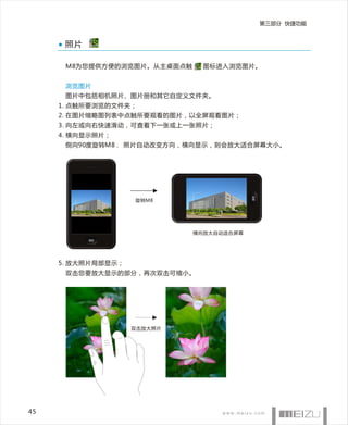 第三部分 快捷功能


      照片

      M8为您提供方便的浏览图片。从主桌面点触     图标进入浏览图片。


      浏览图片
      图片中包括相机照片、图片册和其它自定义文件夹。
     1. 点触所要浏览的文件夹；
     2. 在图片缩略图列表中点触所要观看的图片，以全屏观看图片；
     3. 向左或向右快速滑动，可查看下一张或上一张照片；
     4. 横向显示照片；
      侧向90度旋转M8 ， 照片自动改变方向，横向显示，则会放大适合屏幕大小。




                    旋转M8




                             横向放大自动适合屏幕




     5. 放大照片局部显示；
      双击您要放大显示的部分，再次双击可缩小。




                    双击放大照片




45
 