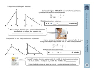 Matemática–9.ºAno
2.ºBIMESTRE/2013
Na 4.ª relação, descobri que o quadrado da medida da
altura é igual ao produto das medidas das
______________________________________.
54
Comparando os triângulos menores.
Como os triângulos HBA e HAC são semelhantes, complete a
igualdade com os lados correspondentes.
n
m
h
HAHC
HA

Multiplicando meios e extremos.
h . h = m . ____→ _____________ (4ª relação)
Comparando os dois triângulos maiores novamente...
Agora, vamos correlacionar os dois maiores lados de cada
triângulo e completar a igualdade com os lados correspondentes.
hb
aAB
AC
BC

Multiplicando meios e extremos...
a . ___= ____ . c → ____________ (5ª relação)
clipart
Nesta 5.ª relação, descobri que o produto da medida da hipotenusa pela medida
da altura relativa a ela é igual ao produto das medidas dos ____________.
Essa relação é que vai me ajudar a resolver o problema da viga no telhado.
 