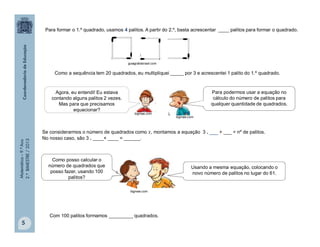 Matemática–9.ºAno
2.ºBIMESTRE/2013
5
Para formar o 1.º quadrado, usamos 4 palitos. A partir do 2.º, basta acrescentar ____ palitos para formar o quadrado.
Como a sequência tem 20 quadrados, eu multipliquei _____ por 3 e acrescentei 1 palito do 1.º quadrado.
Se considerarmos o número de quadrados como x, montamos a equação 3 . ___ + ___ = nº de palitos.
No nosso caso, são 3 . ____+ ____ = ______.
guiagratisbrasil.com
Agora, eu entendi! Eu estava
contando alguns palitos 2 vezes.
Mas para que precisamos
equacionar?
Para podermos usar a equação no
cálculo do número de palitos para
qualquer quantidade de quadrados.
bigmae.com
bigmae.com
Como posso calcular o
número de quadrados que
posso fazer, usando 100
palitos?
Usando a mesma equação, colocando o
novo número de palitos no lugar do 61.
bigmae.com
Com 100 palitos formamos _________ quadrados.
 